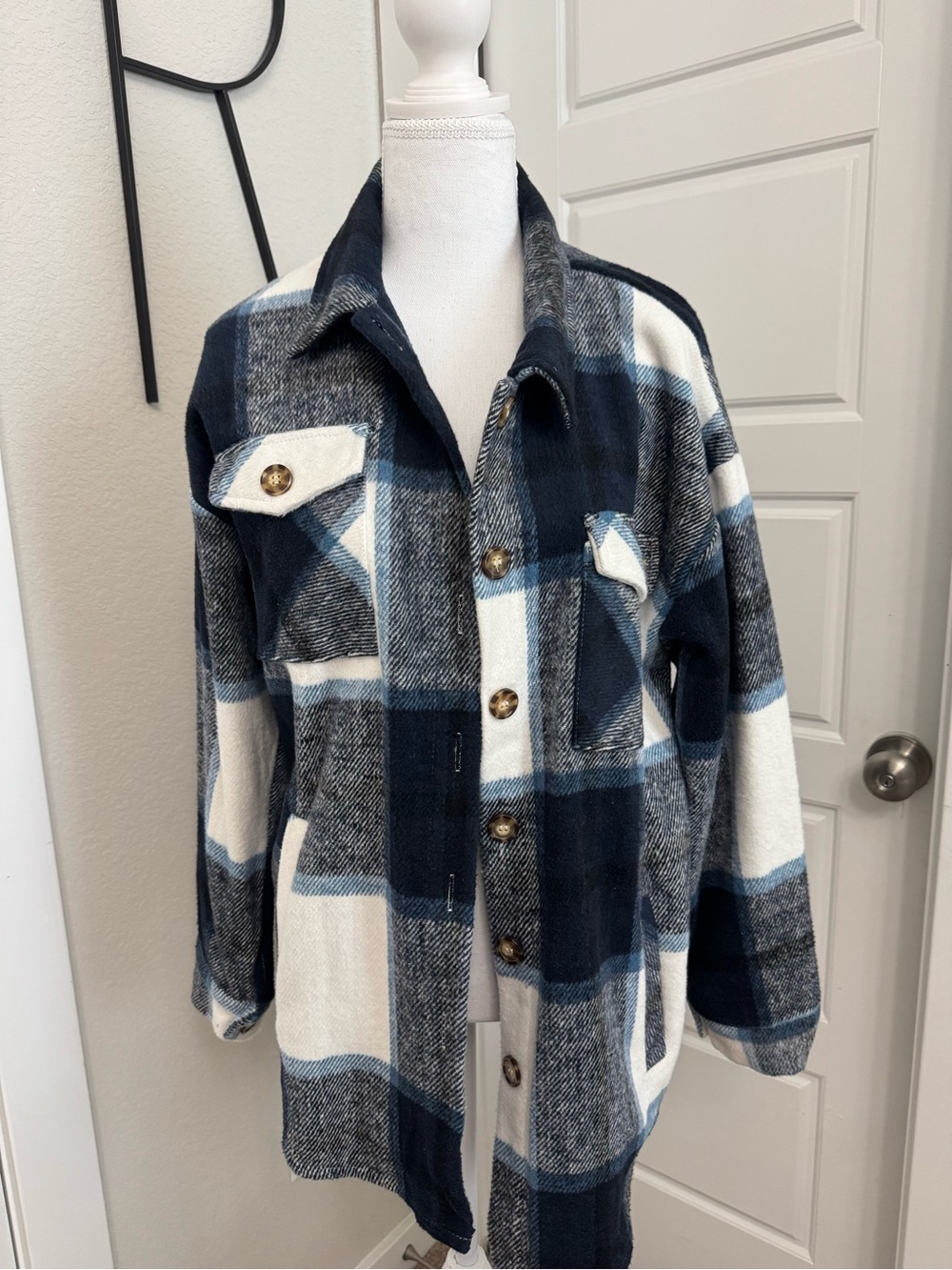 Amazon Blue and White Plaid Utility Shacket Jacket